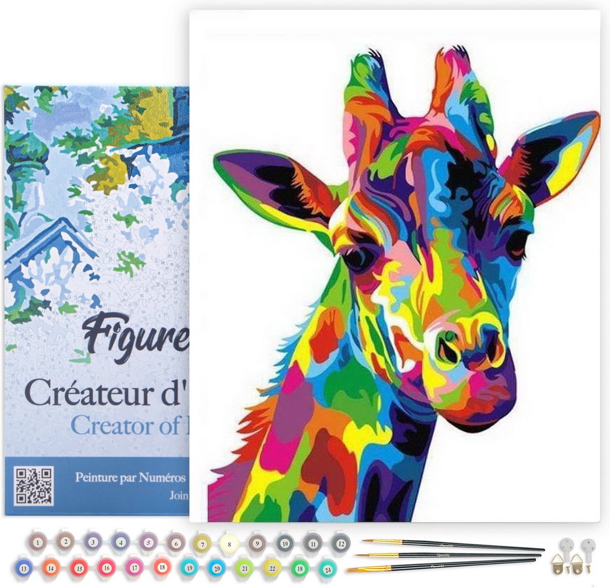 FiguredArt Schilderen op Nummer Volwassenen met lijst - Giraffe Pop-art - Handwerk acrylverf Kit DIY Compleet - 40x50cm Canvas al ingelijst